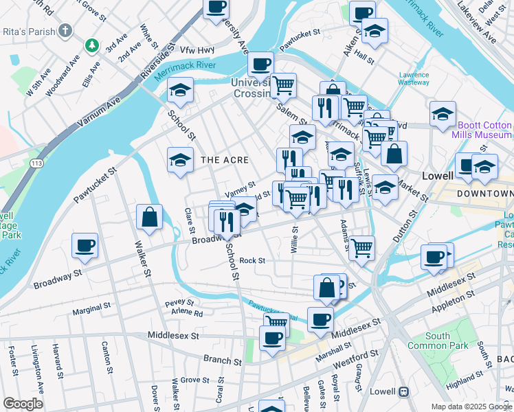 map of restaurants, bars, coffee shops, grocery stores, and more near 46 Butterfield Street in Lowell