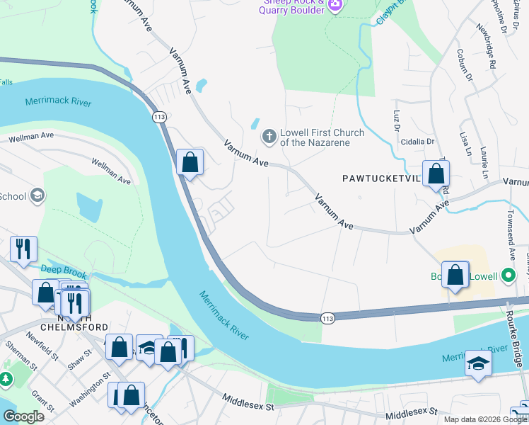 map of restaurants, bars, coffee shops, grocery stores, and more near 75 Katherine Drive in Lowell