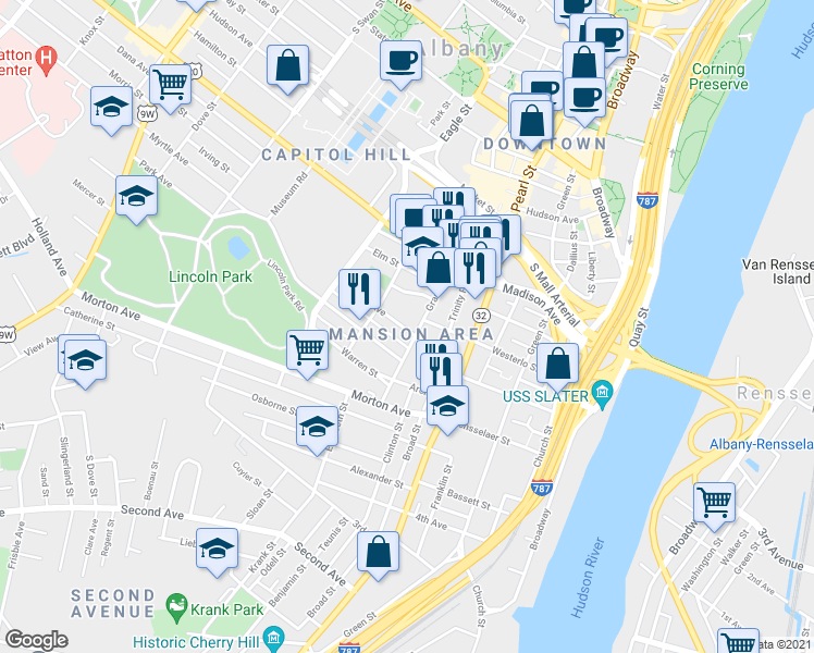 map of restaurants, bars, coffee shops, grocery stores, and more near 3.5 Wilbur Street in Albany