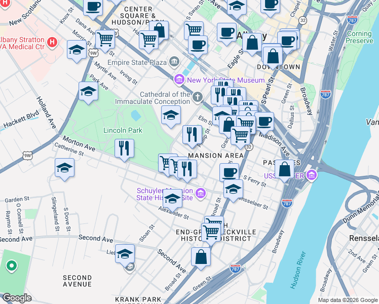 map of restaurants, bars, coffee shops, grocery stores, and more near 67 Park Avenue in Albany