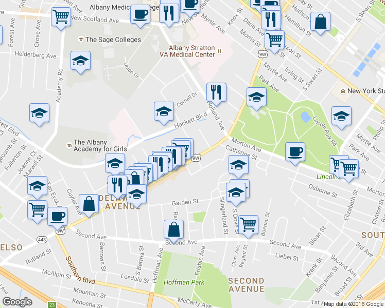 map of restaurants, bars, coffee shops, grocery stores, and more near in Albany