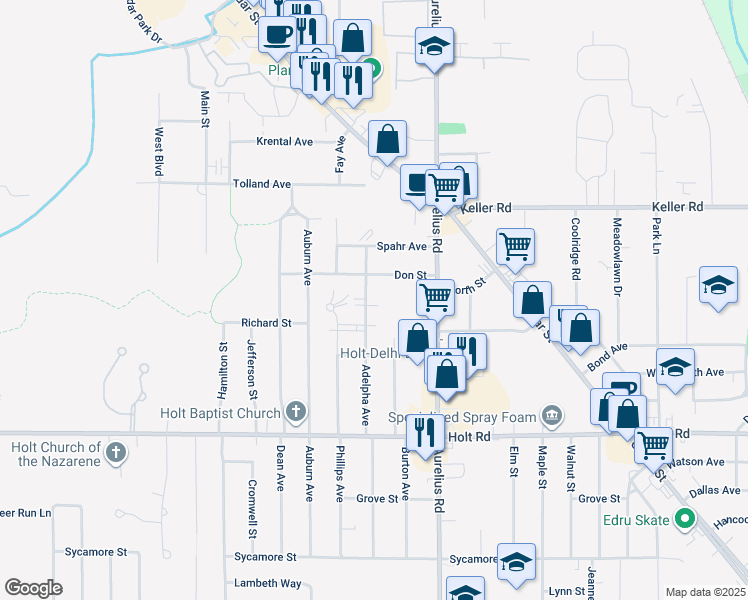 map of restaurants, bars, coffee shops, grocery stores, and more near 4573 Don Street in Delhi charter Township