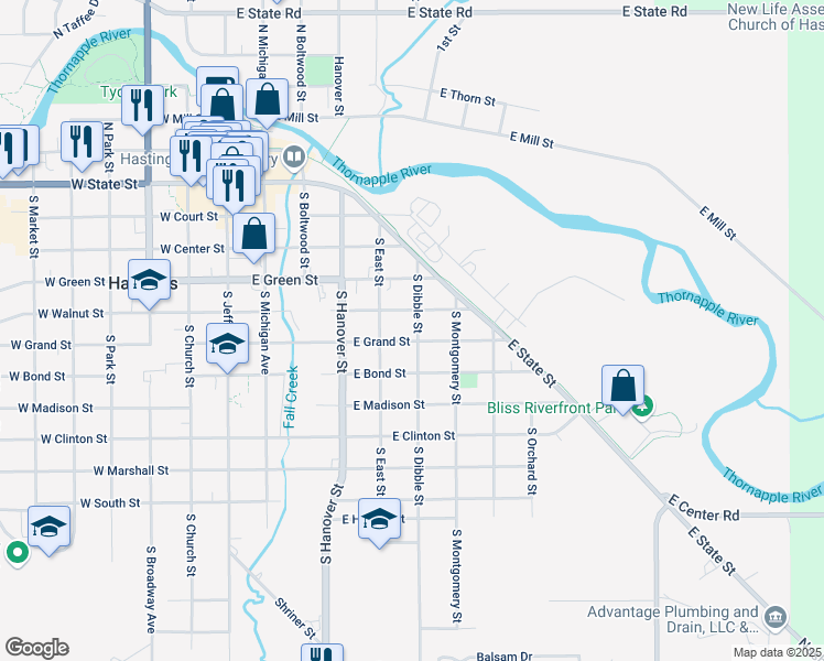 map of restaurants, bars, coffee shops, grocery stores, and more near 520 East Walnut Street in Hastings