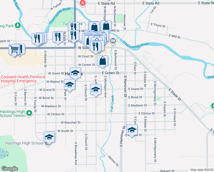 map of restaurants, bars, coffee shops, grocery stores, and more near 517 South Michigan Avenue in Hastings