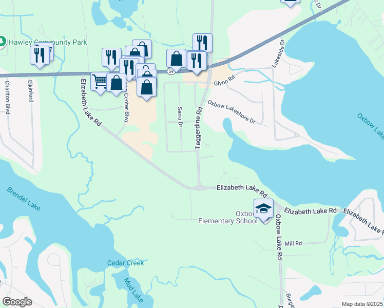 map of restaurants, bars, coffee shops, grocery stores, and more near 185 Teggerdine Road in White Lake charter Township