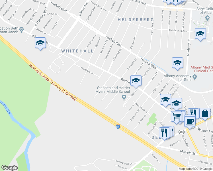 map of restaurants, bars, coffee shops, grocery stores, and more near 19 Swartson Court in Albany