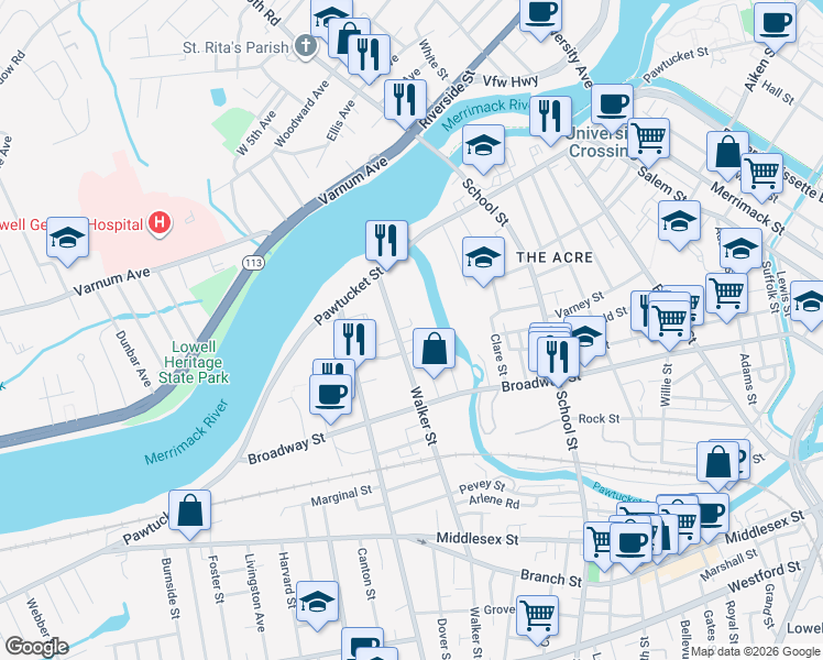 map of restaurants, bars, coffee shops, grocery stores, and more near 18 Hampton Avenue in Lowell