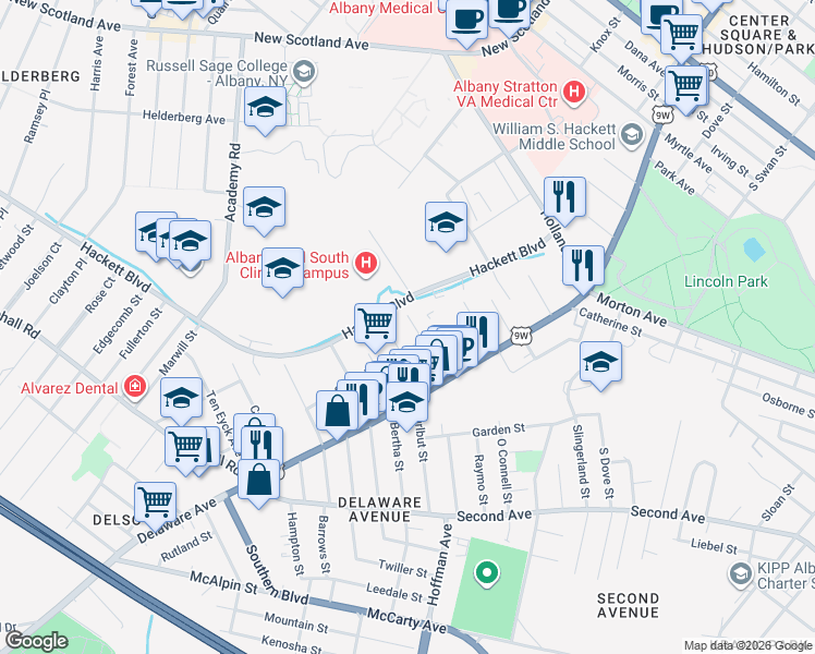 map of restaurants, bars, coffee shops, grocery stores, and more near 34 Barclay Street in Albany