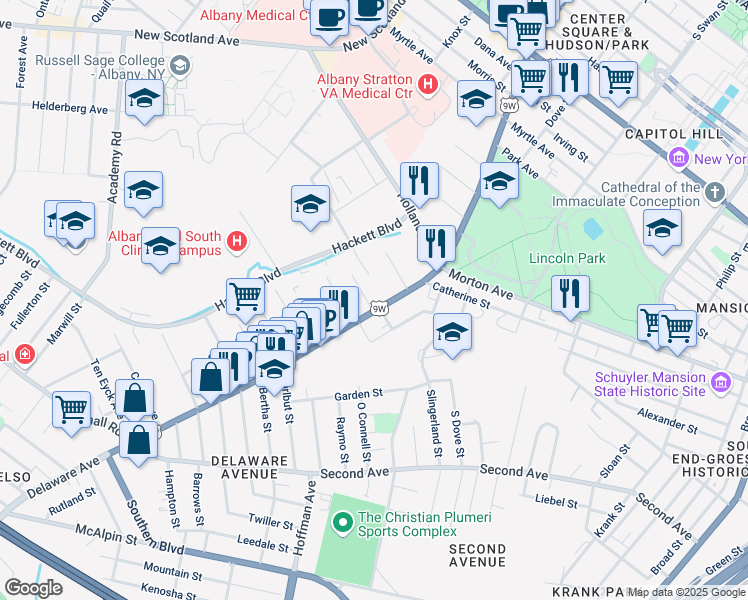 map of restaurants, bars, coffee shops, grocery stores, and more near in Albany