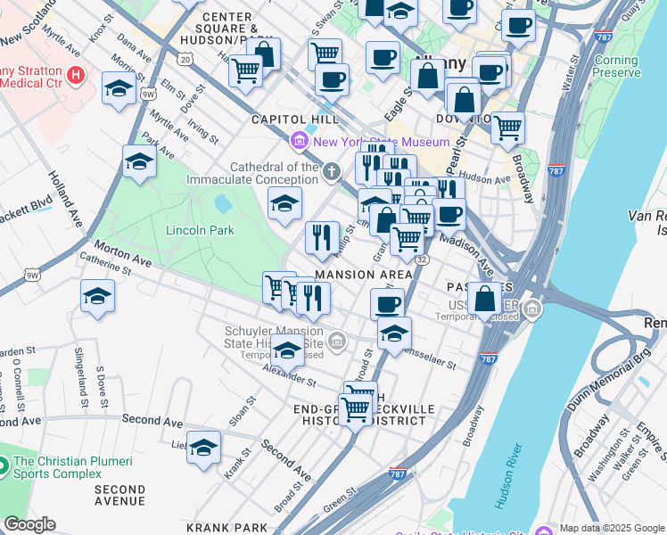 map of restaurants, bars, coffee shops, grocery stores, and more near 110 Philip Street in Albany