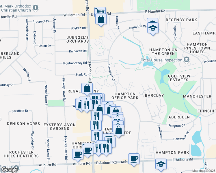 map of restaurants, bars, coffee shops, grocery stores, and more near 12 Timberview Drive in Rochester Hills