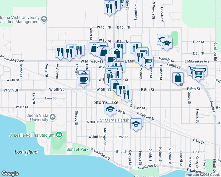 map of restaurants, bars, coffee shops, grocery stores, and more near 601 Michigan Street in Storm Lake