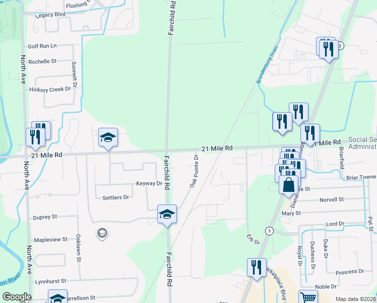 map of restaurants, bars, coffee shops, grocery stores, and more near 24374 21 Mile Road in Macomb
