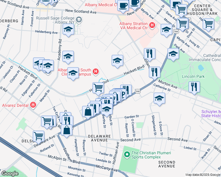 map of restaurants, bars, coffee shops, grocery stores, and more near 33 Barclay Street in Albany