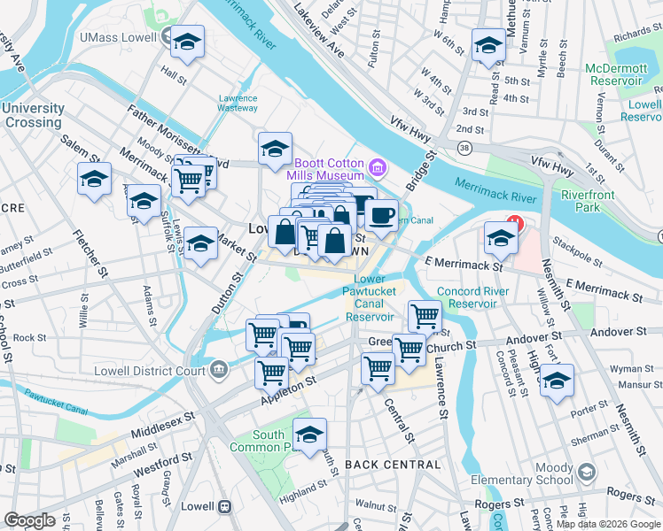 map of restaurants, bars, coffee shops, grocery stores, and more near 61 Market Street in Lowell