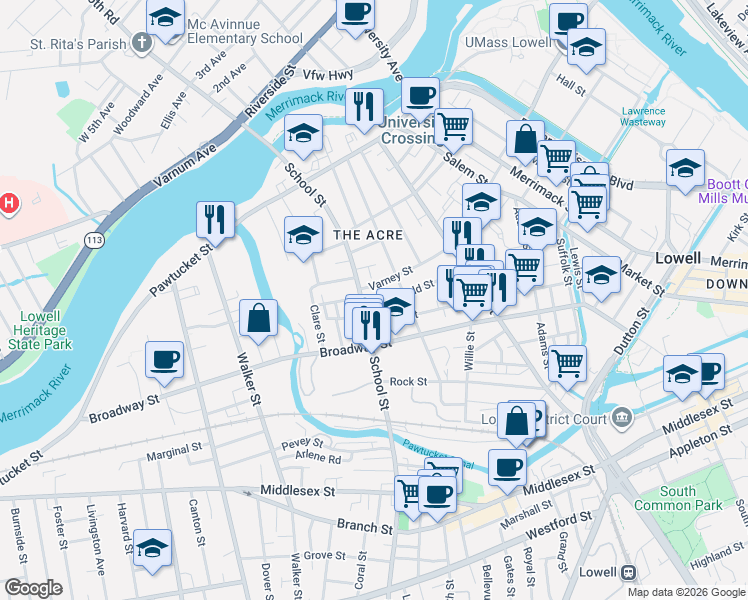 map of restaurants, bars, coffee shops, grocery stores, and more near 201 School Street in Lowell