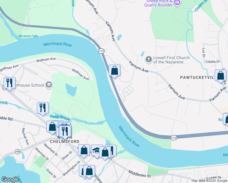 map of restaurants, bars, coffee shops, grocery stores, and more near 1251 Pawtucket Boulevard in Lowell