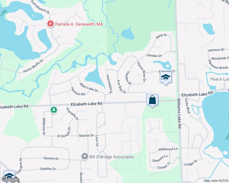 map of restaurants, bars, coffee shops, grocery stores, and more near 226 Hurondale Drive in White Lake charter Township