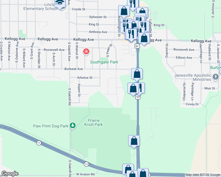 map of restaurants, bars, coffee shops, grocery stores, and more near 1399 Redwood Drive in Janesville