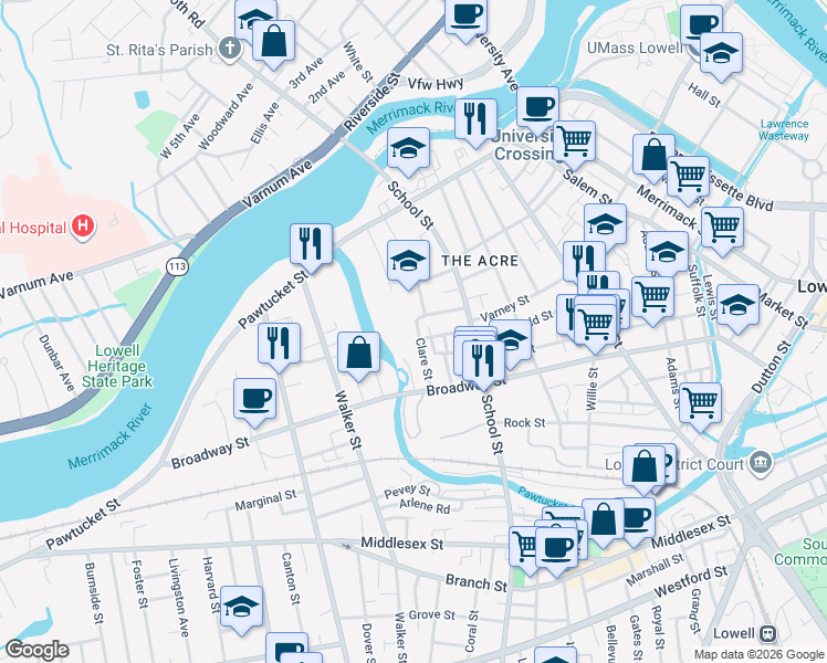 map of restaurants, bars, coffee shops, grocery stores, and more near 60 Clare Street in Lowell