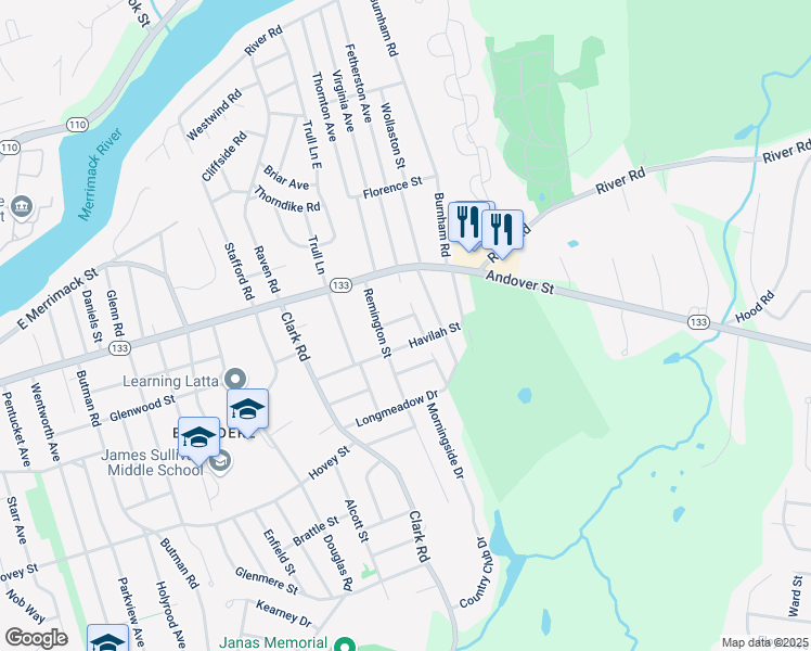 map of restaurants, bars, coffee shops, grocery stores, and more near 24 Lawn Avenue in Lowell