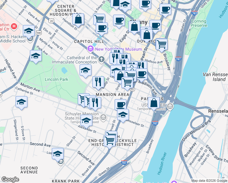 map of restaurants, bars, coffee shops, grocery stores, and more near 3.5 Wilbur Street in Albany