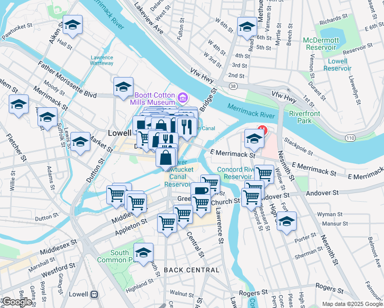 map of restaurants, bars, coffee shops, grocery stores, and more near 33 Kearney Square in Lowell