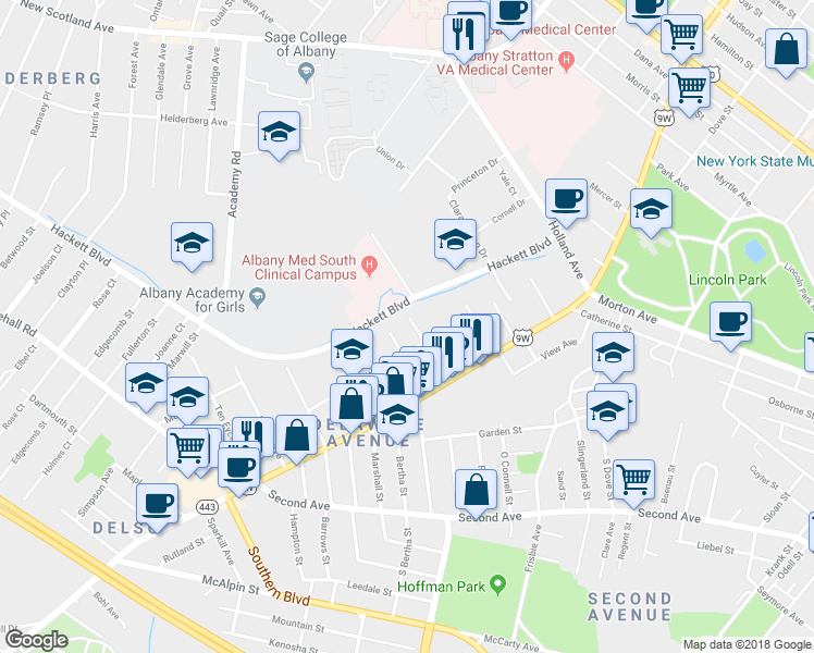 map of restaurants, bars, coffee shops, grocery stores, and more near 36 Barclay Street in Albany