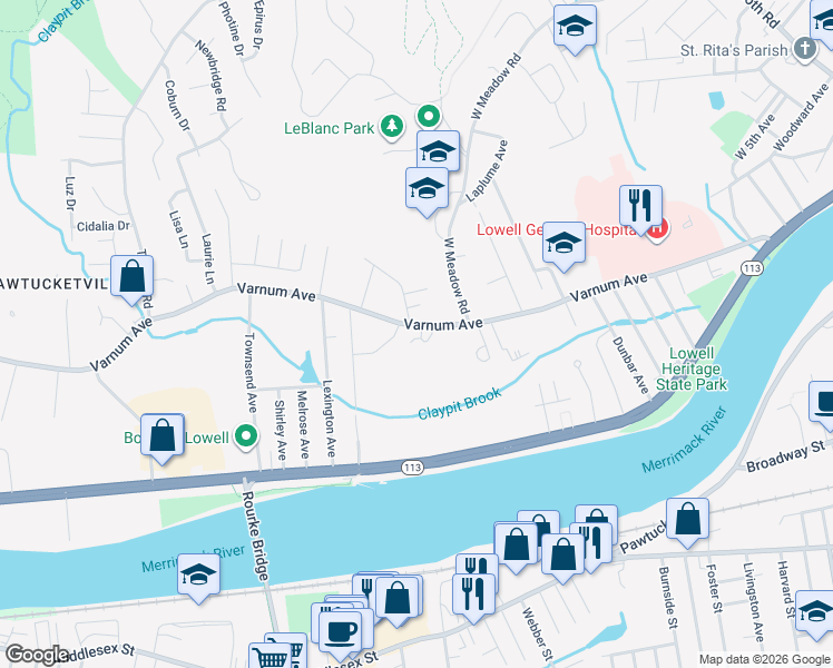 map of restaurants, bars, coffee shops, grocery stores, and more near in Lowell