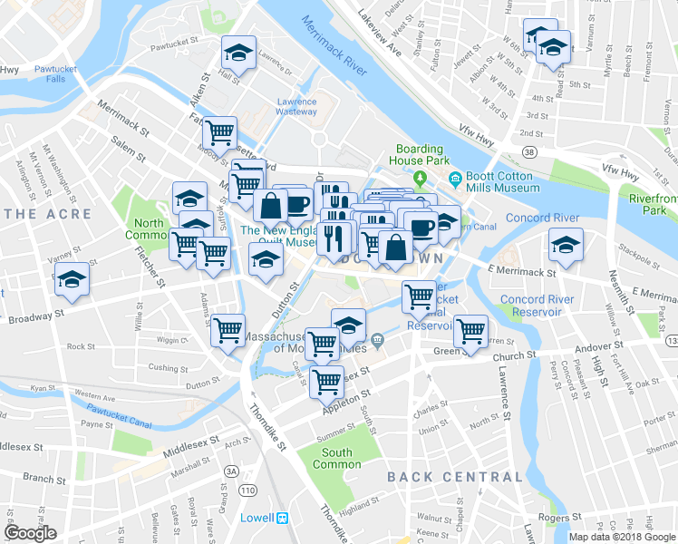 map of restaurants, bars, coffee shops, grocery stores, and more near 148-220 Market Street in Lowell