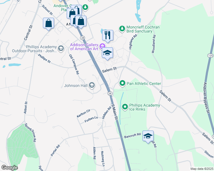 map of restaurants, bars, coffee shops, grocery stores, and more near 213 Main Street in Andover