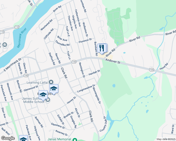 map of restaurants, bars, coffee shops, grocery stores, and more near 24 Lawn Avenue in Lowell