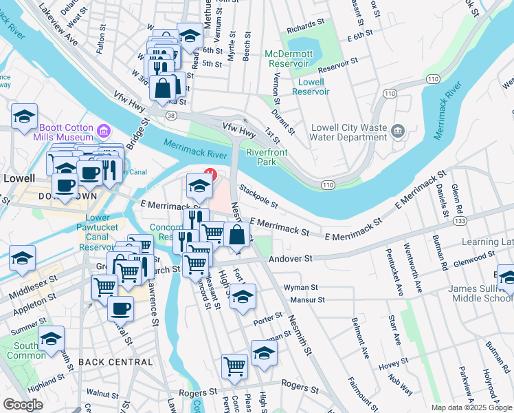 map of restaurants, bars, coffee shops, grocery stores, and more near 215 Stackpole Street in Lowell