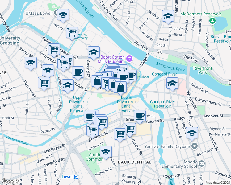 map of restaurants, bars, coffee shops, grocery stores, and more near 94 Merrimack Street in Lowell