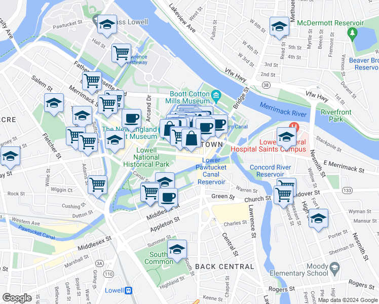 map of restaurants, bars, coffee shops, grocery stores, and more near in Lowell