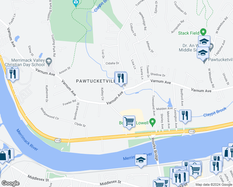 map of restaurants, bars, coffee shops, grocery stores, and more near 26 Klianthi Drive in Lowell