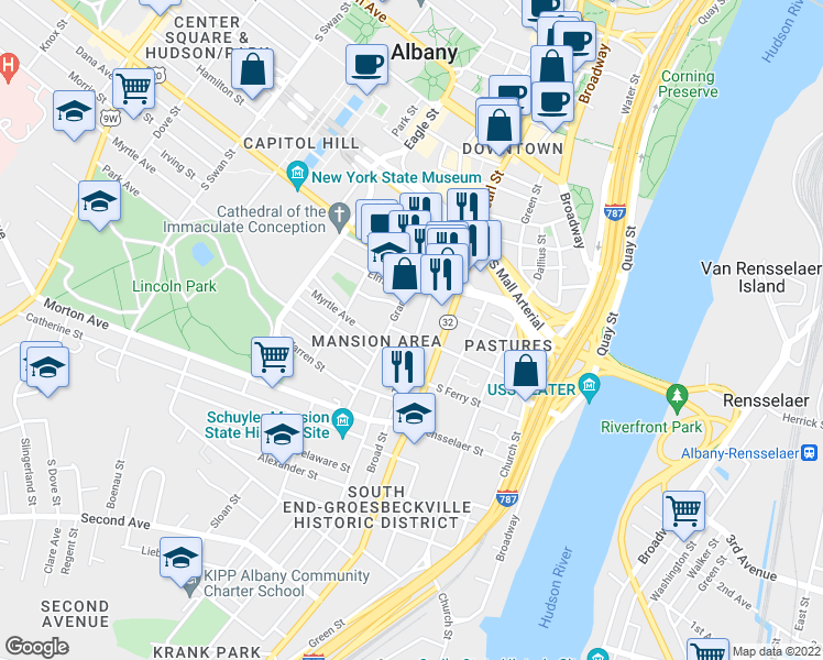 map of restaurants, bars, coffee shops, grocery stores, and more near 35 Trinity Place in Albany
