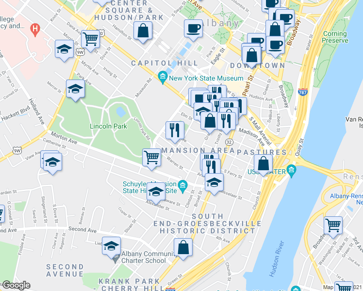 map of restaurants, bars, coffee shops, grocery stores, and more near 97 Philip Street in Albany
