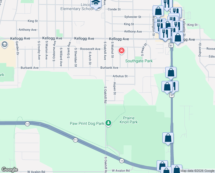 map of restaurants, bars, coffee shops, grocery stores, and more near 2348 Aspen Street in Janesville