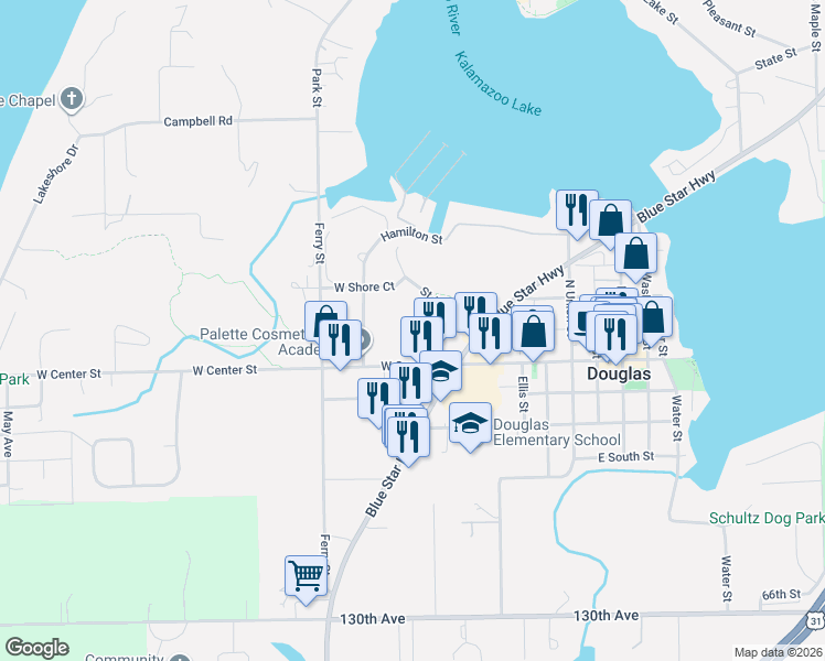 map of restaurants, bars, coffee shops, grocery stores, and more near 300 Saint Peters Drive in Douglas