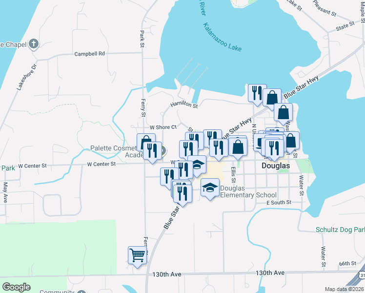 map of restaurants, bars, coffee shops, grocery stores, and more near 40 Hamilton Street in Douglas