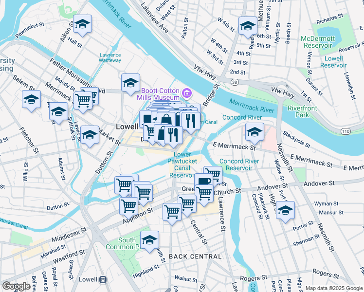 map of restaurants, bars, coffee shops, grocery stores, and more near 29-31 Central Street in Lowell