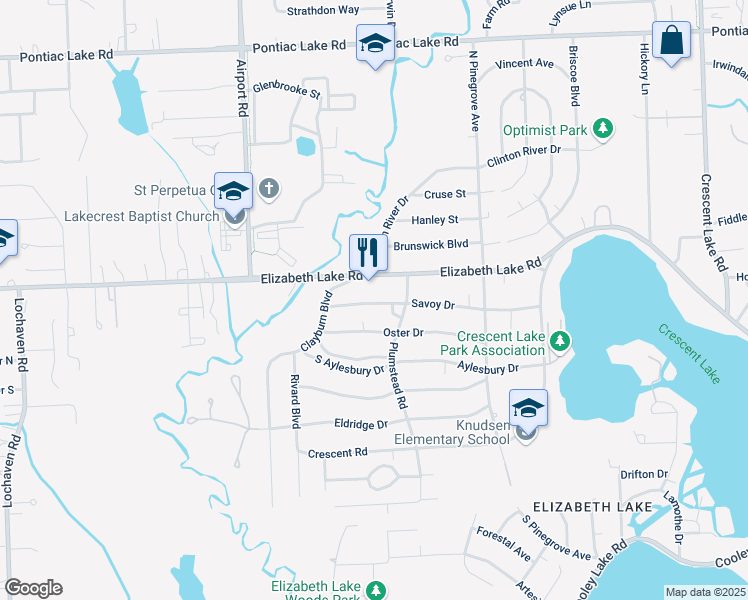 map of restaurants, bars, coffee shops, grocery stores, and more near 5753 Elizabeth Lake Road in Waterford Township