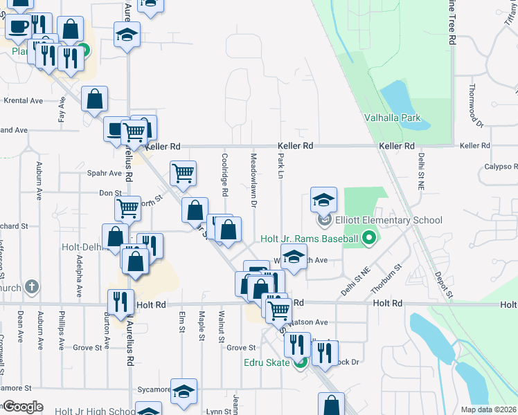 map of restaurants, bars, coffee shops, grocery stores, and more near 2156 Meadowlawn Drive in Delhi charter Township