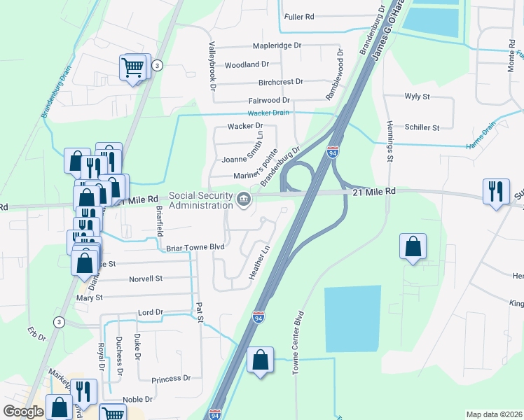 map of restaurants, bars, coffee shops, grocery stores, and more near 26320 21 Mile Road in New Baltimore