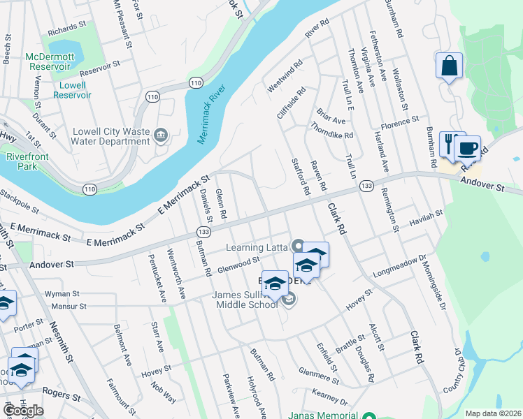 map of restaurants, bars, coffee shops, grocery stores, and more near 20 Rivercliff Road in Lowell