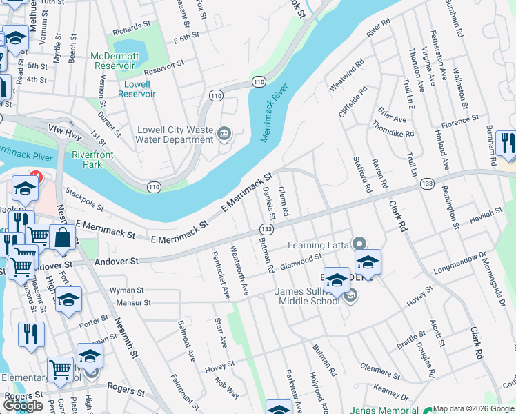 map of restaurants, bars, coffee shops, grocery stores, and more near 47 Barasford Avenue in Lowell