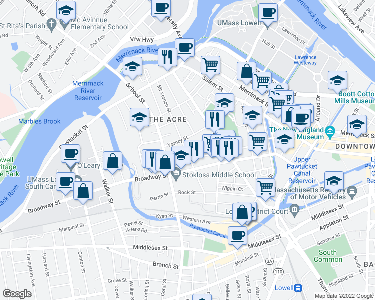 map of restaurants, bars, coffee shops, grocery stores, and more near 157 Mount Vernon Street in Lowell