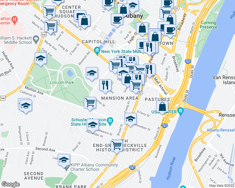 map of restaurants, bars, coffee shops, grocery stores, and more near 3.5 Wilbur Street in Albany