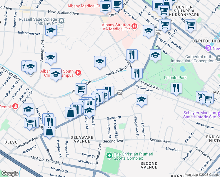 map of restaurants, bars, coffee shops, grocery stores, and more near 23 Magnolia Terrace in Albany